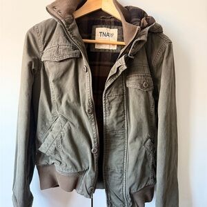 TNA Olive Utility Hooded Jacket with Plaid Lining